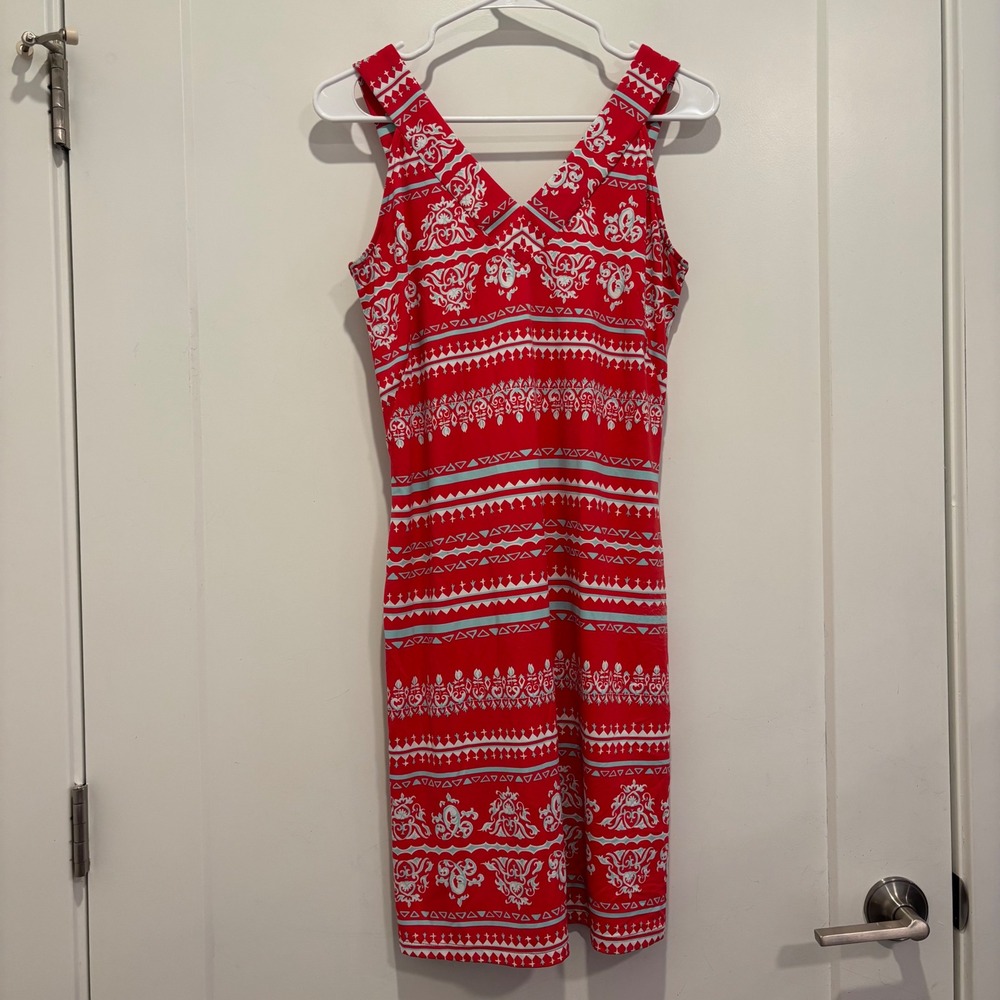 J. McLaughlin Catalina Cloth Red White Damask Geometric Sheath Dress XS USA‎